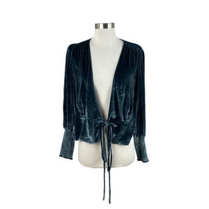 Reformation Blue Gray Velvet Tie Waist Bell Sleeve Smocked Blouse Size S